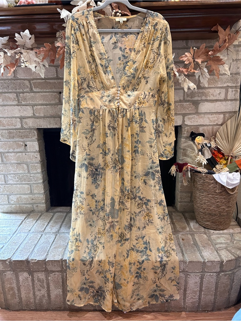 Kori Yellow Floral Long Sleeve Maxi Dress EUC